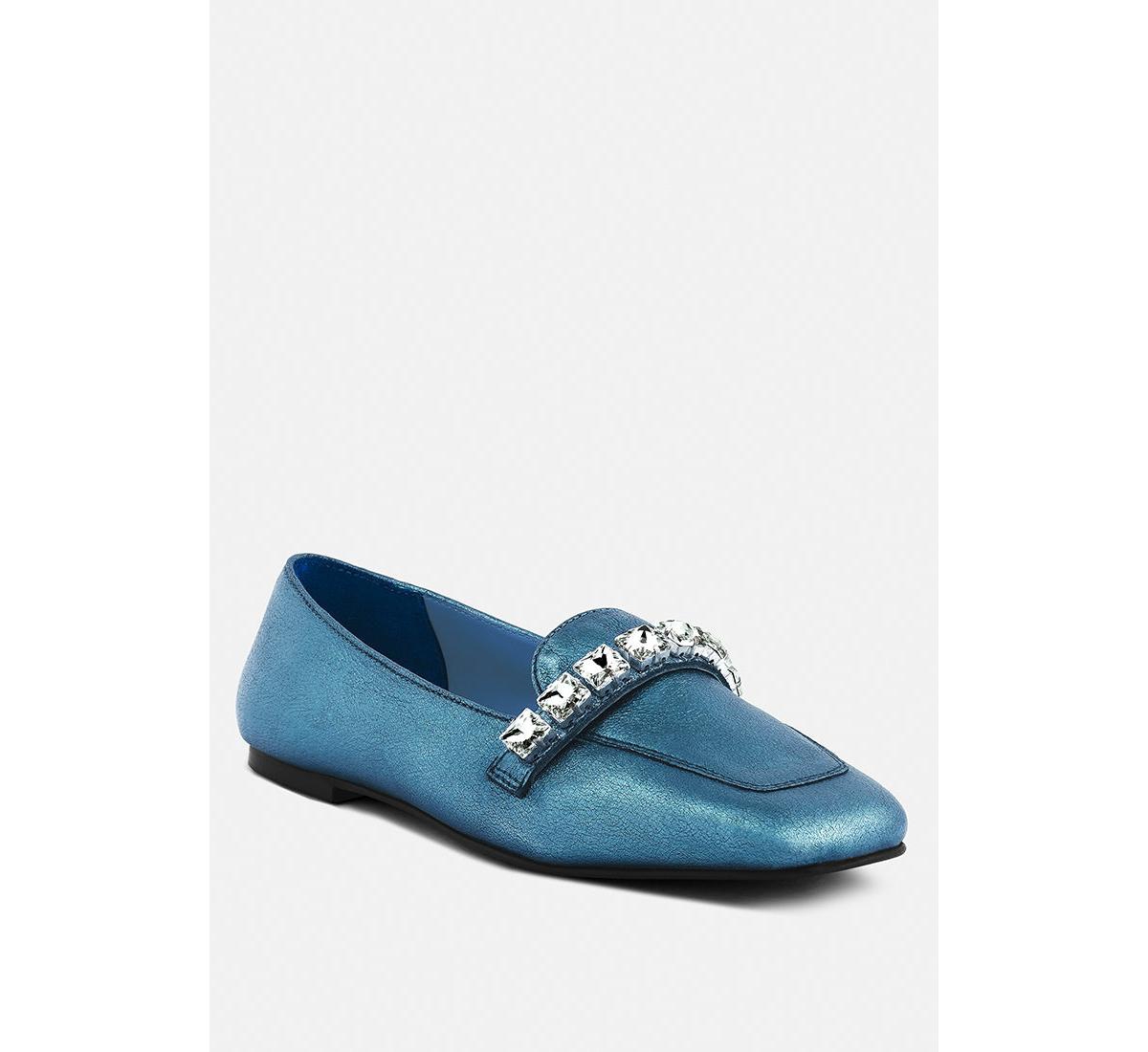 Churros Womens Diamante Embellished Metallic Loafers - Blue