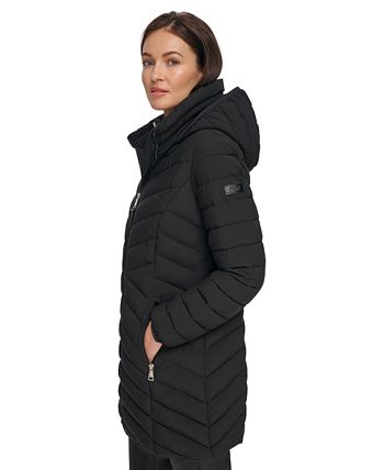 DKNY Women's Long Puffer Detachable Hooded Wind Resistant Jacket (Thistle,  L) 