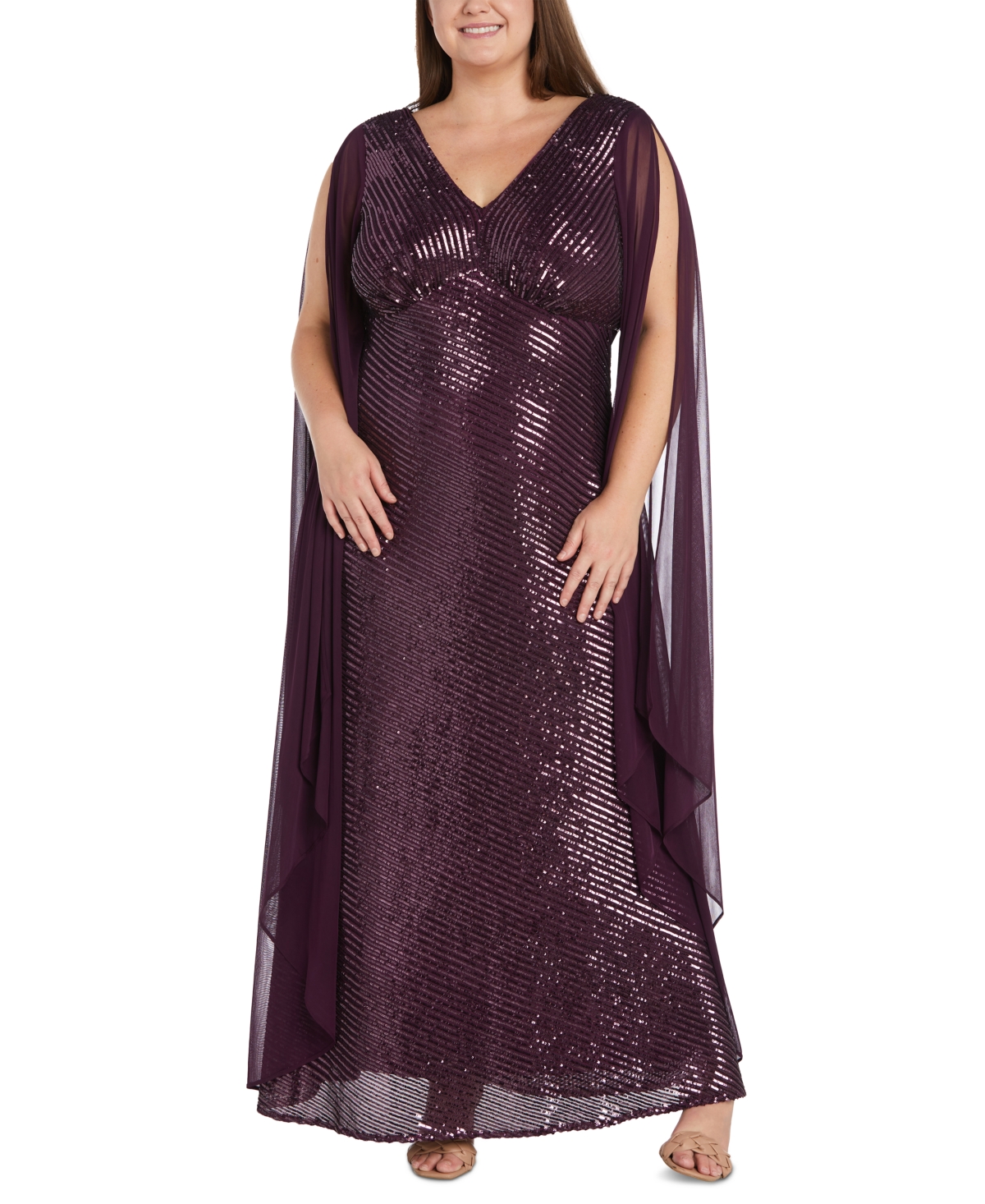 Nightway Plus Size Sequined Cape Gown In Plum