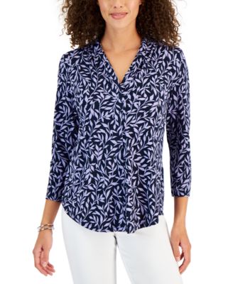 JM Collection - Petite Vine-Print V-Neck Top, Created for Macy's