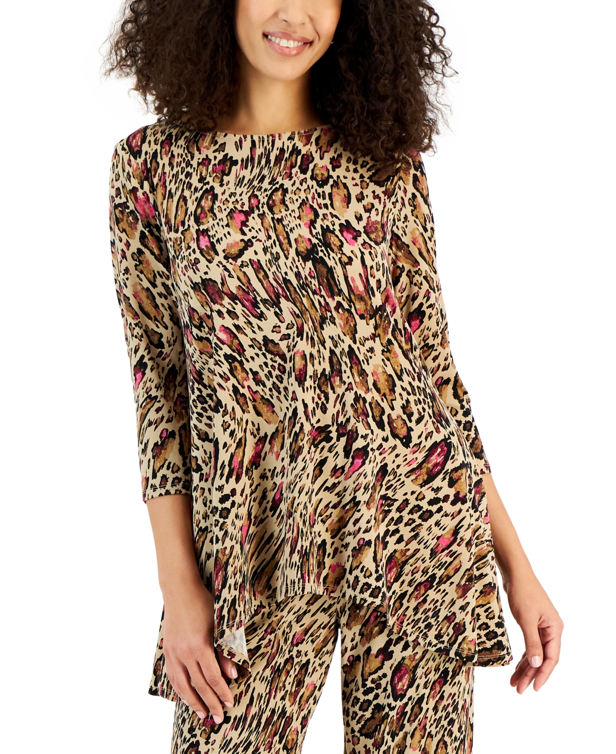 Women's Printed 3/4 Sleeve Knit Top, Created for Macy's - New Fawn Combo