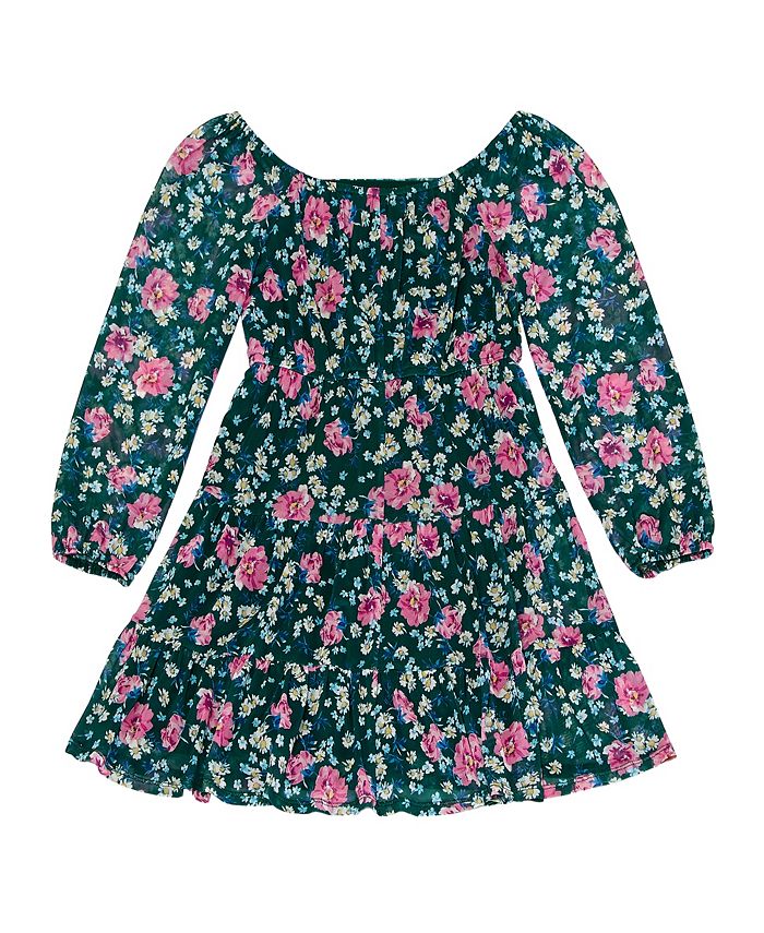 Trixxi Big Girls Long Sleeve Floral Printed Mesh with Tiered Skirt ...