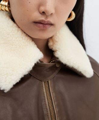 MANGO Women's Shearling Collar Leather Bomber Jacket