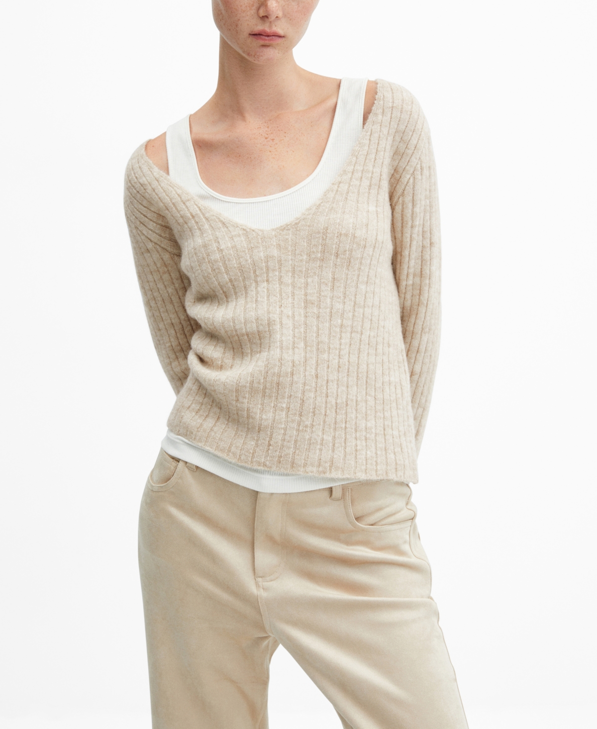 Mango V-neck Ribbed Knit Sweater Ice Grey In Ice Gray