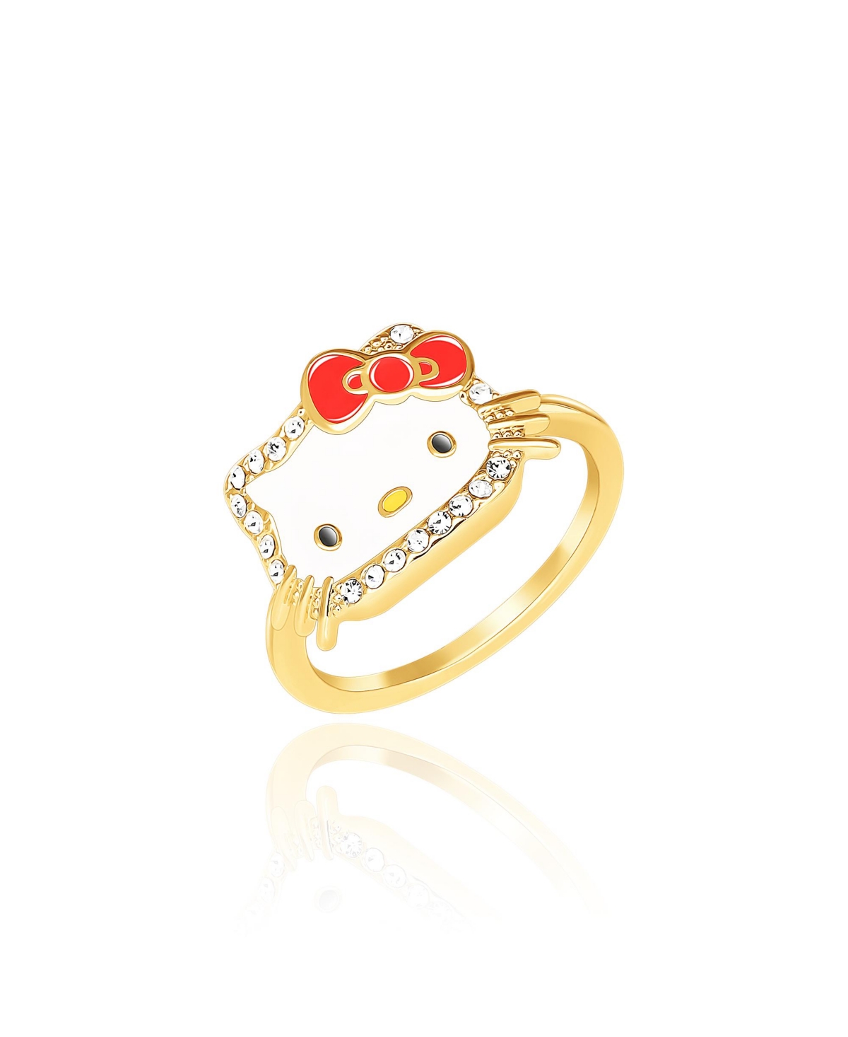 Sanrio Hello Kitty Yellow Gold Plated Crystal Face Jewelry Ring - Size 7 - White, red, gold tone