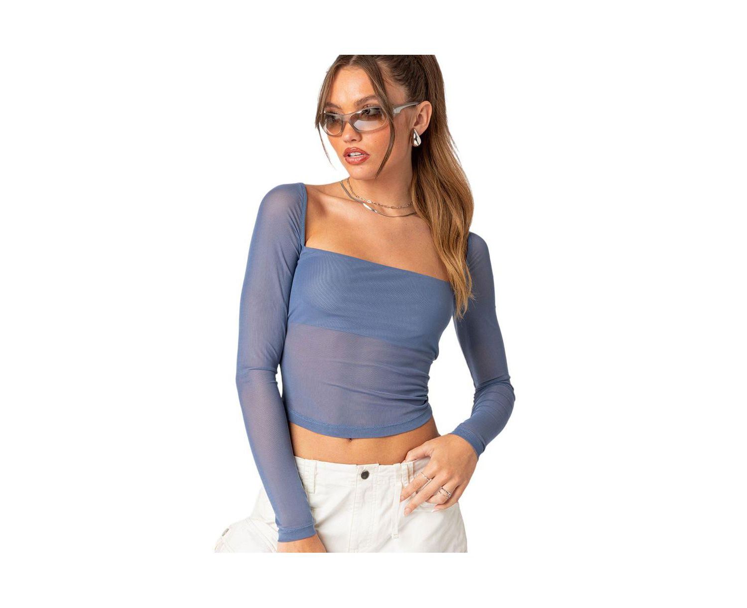 Women's Long Sleeve Square Neck Mesh Top