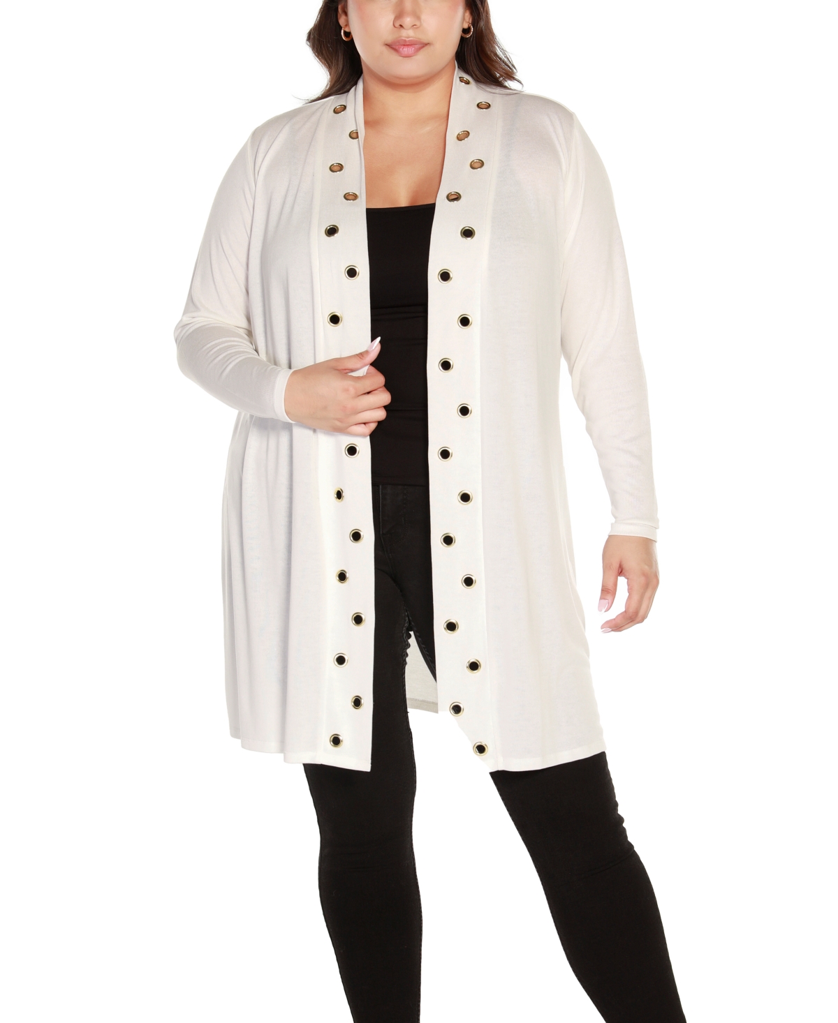 Plus Size Long Sleeve Grommet Trim Cardigan Sweater - Winter White