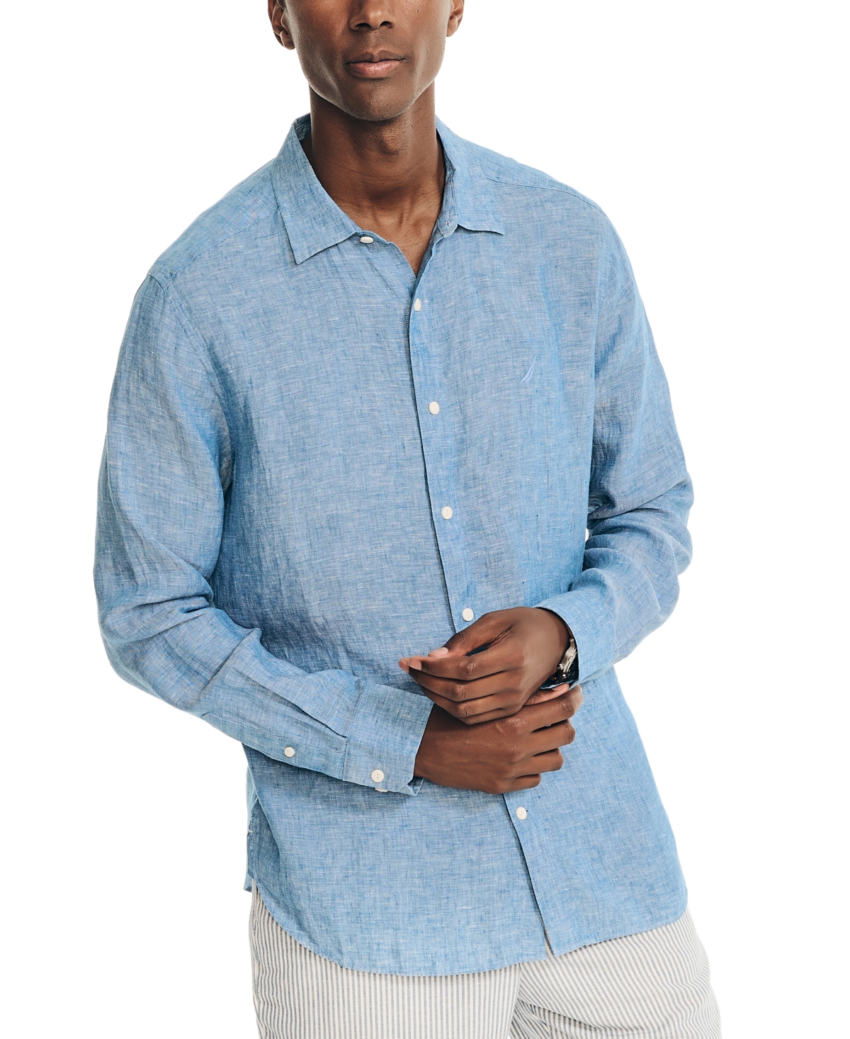 Nautica Men's Classic-fit Long-sleeve Button-up Solid Linen Shirt In Snorkel Blue