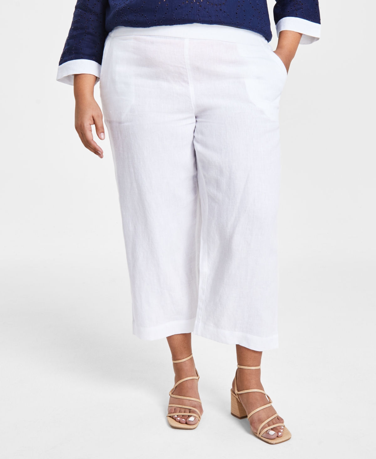 Plus Size 100% Linen Cropped Pants, Created for Macy's - Bright White