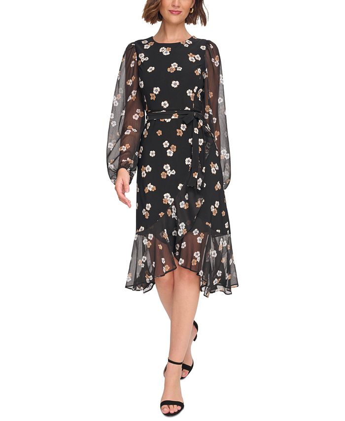 Tommy Hilfiger Women's Floral Long Sleeve Boat Neck Midi Sheath Dress Black Size 4
