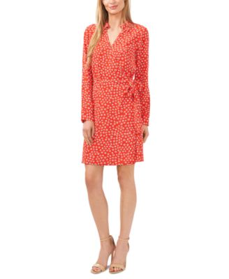 CeCe - Women's Printed Collared Faux-Wrap Long-Sleeve Dress