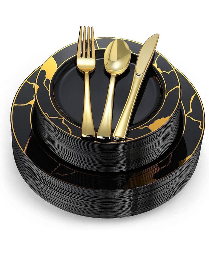 Chateau Fine Tableware 180Piece Black & Gold Plates Dinnerware Set Large & Small Black & Gold