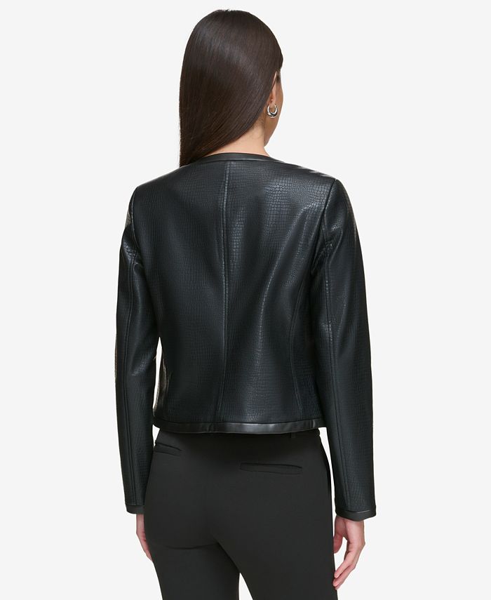 DKNY Petite Embossed Faux-Leather Collarless Jacket - Macy's