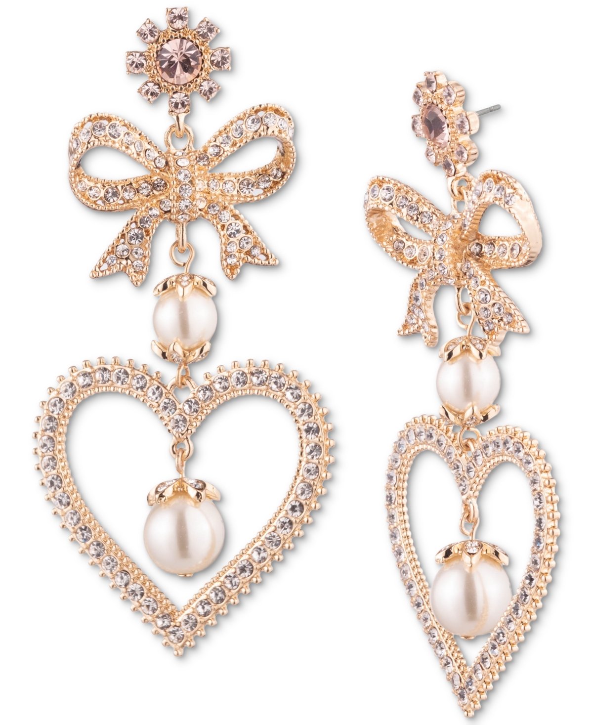 Marchesa Gold-tone Color Crystal & Imitation Pearl Bow & Heart Statement Earrings