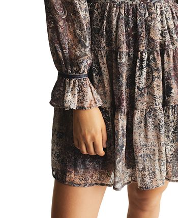 Grey Floral Long Sleeve Button Front Tiered Dress