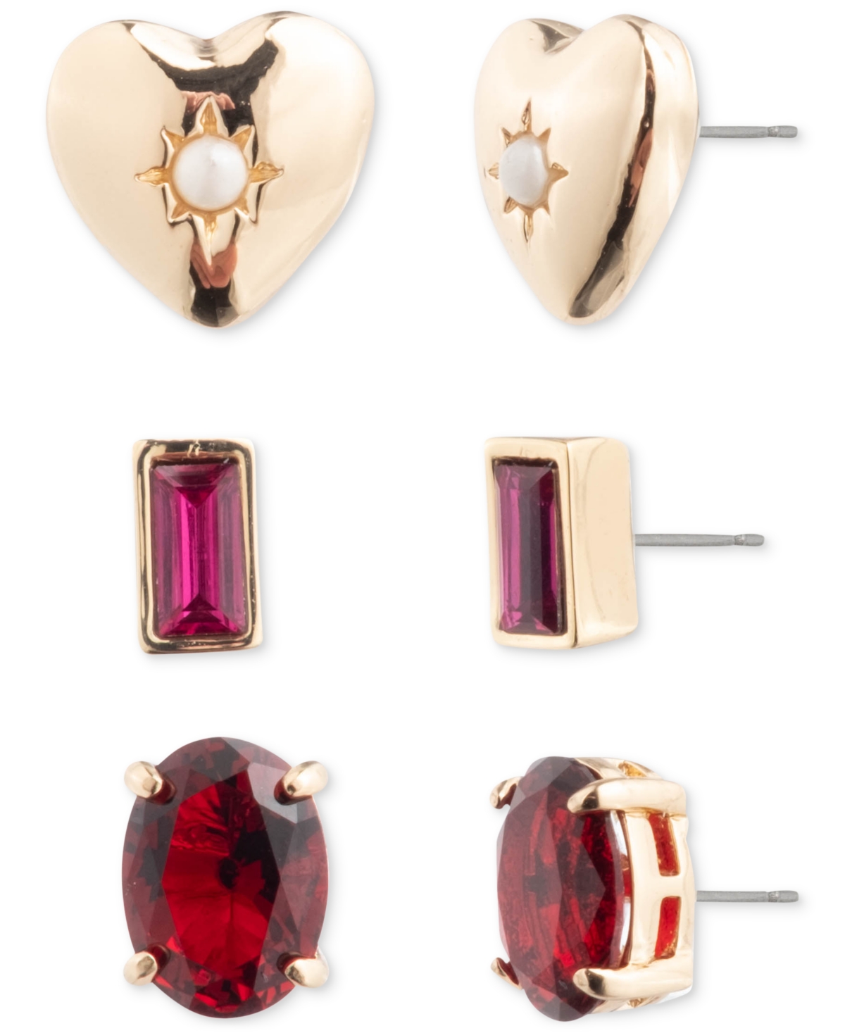 Lauren Ralph Lauren Gold-tone 3-pc. Set Imitation Pearl Heart & Color Stone Stud Earrings In Pink