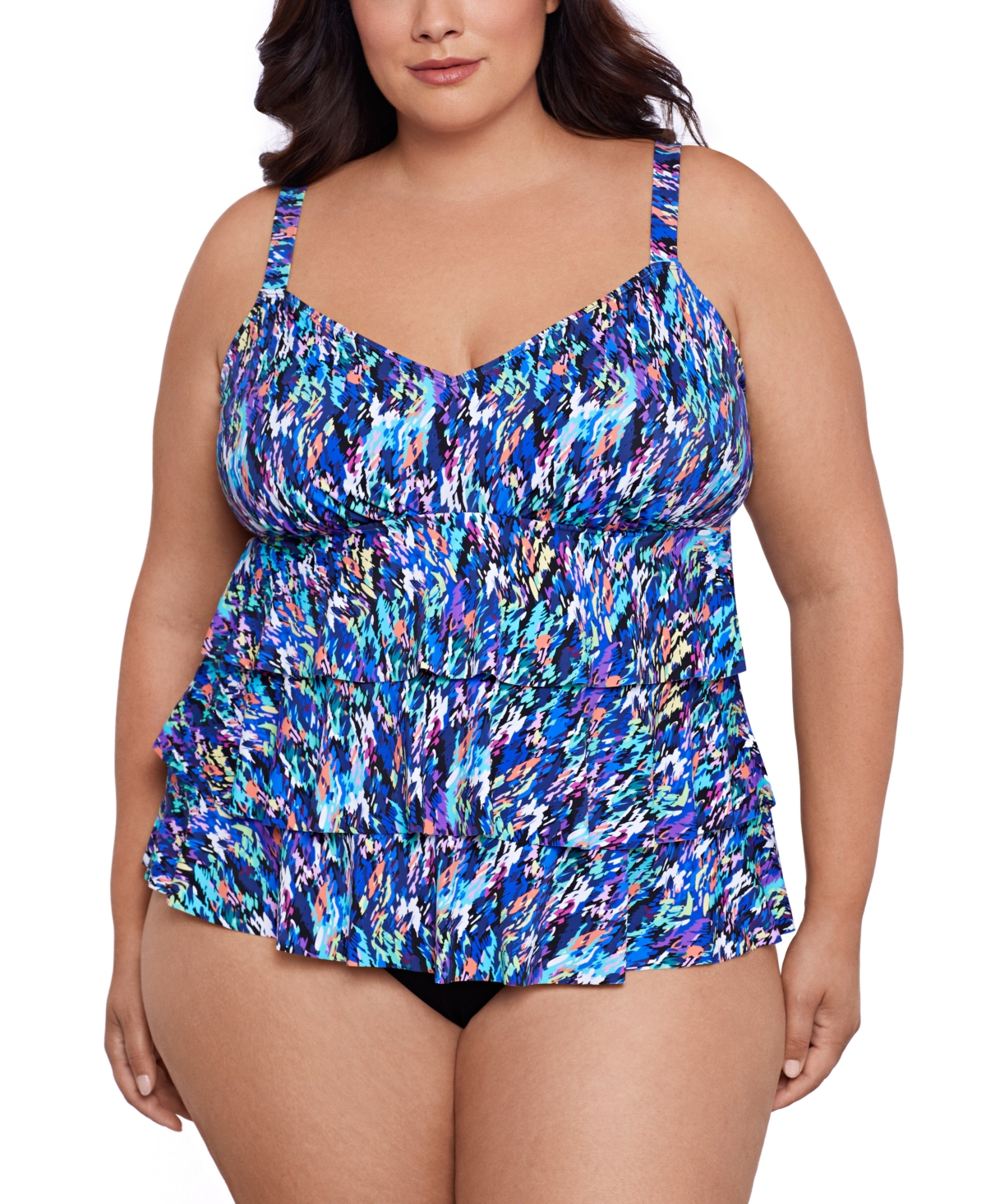 Swim Solutions Plus Size Printed Tiered Fauxkini One-piece Swimsuit In Rainbow Rain
