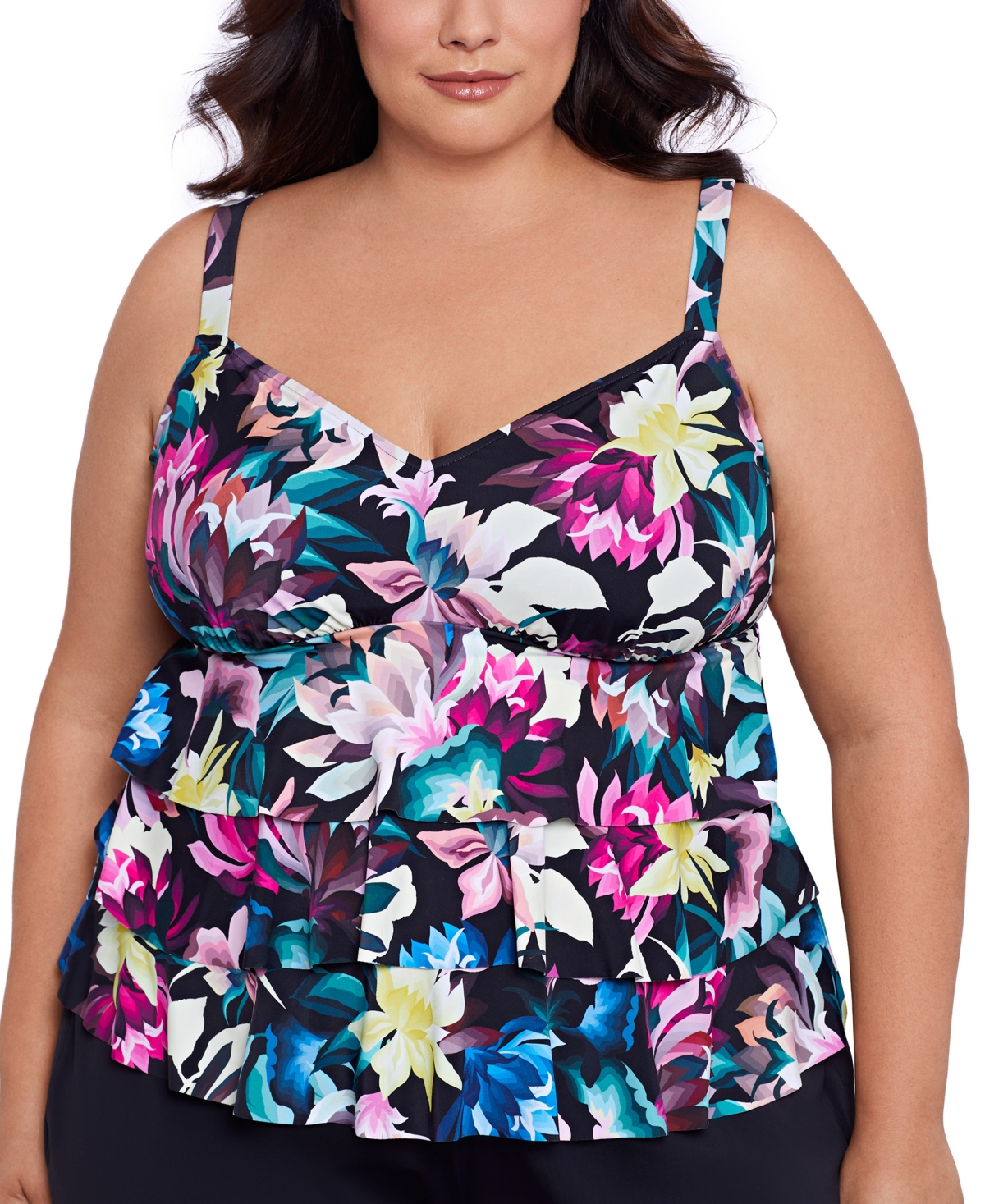 Plus Size Floral-Print Tiered Tankini Top, Created for Macy's - Dark Lotus