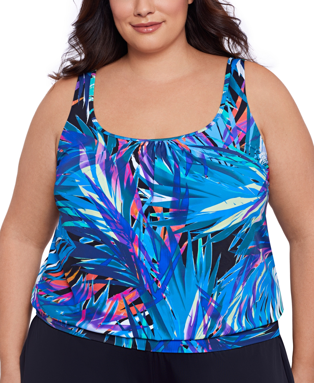 Swim Solutions Plus Size Printed Blouson Tankini Top, Created For Macy's In Flirty Tropical Leaves