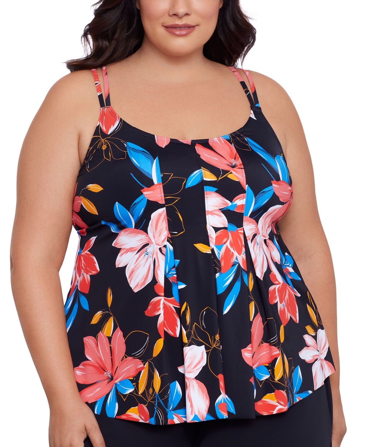 Plus Size Floral-Print Pleated Tankini Top, Created for Macy's - Floral Park
