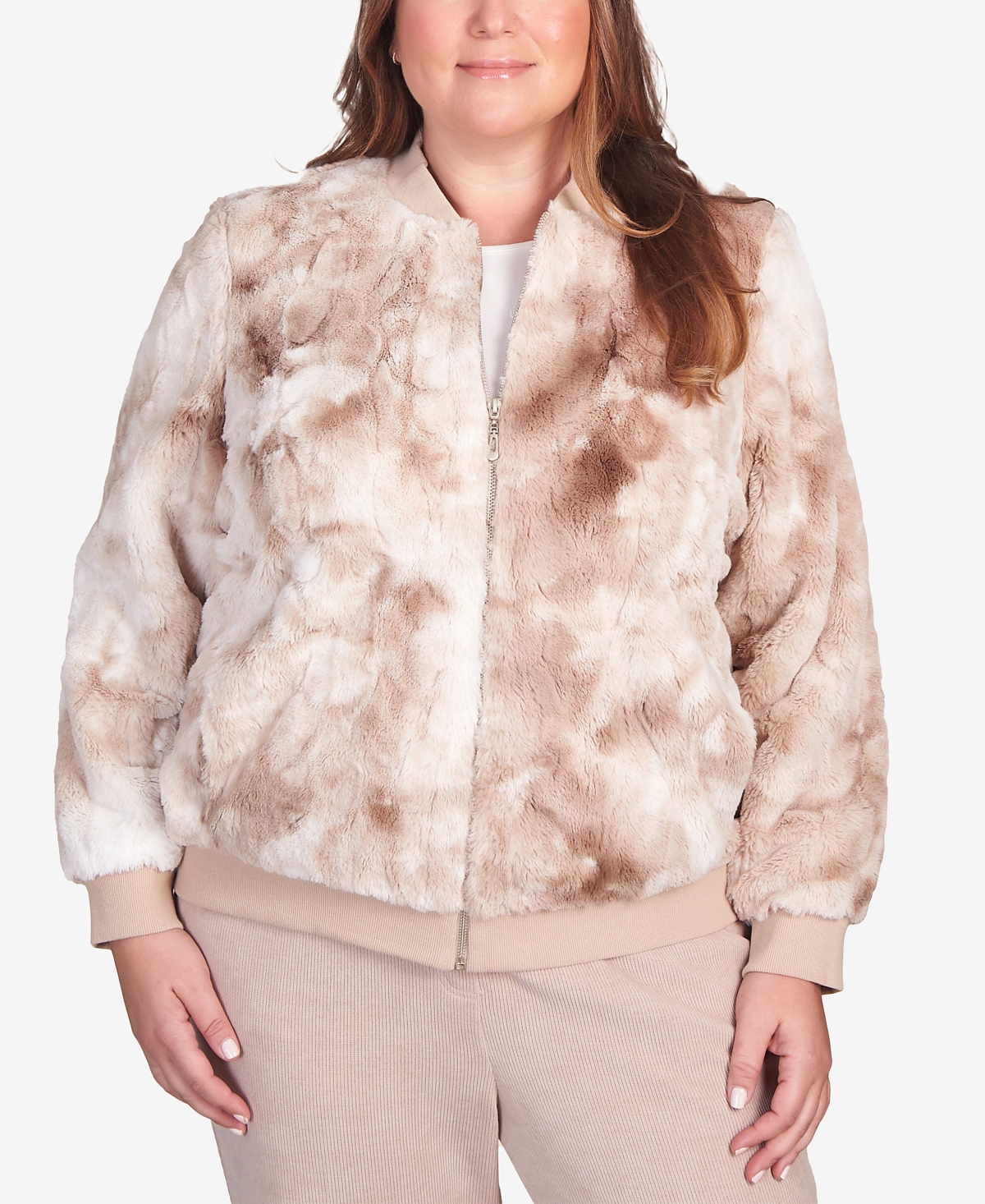 Alfred Dunner Plus Size St.moritz Zip Up Space Dye Faux Fur Jacket In Fawn