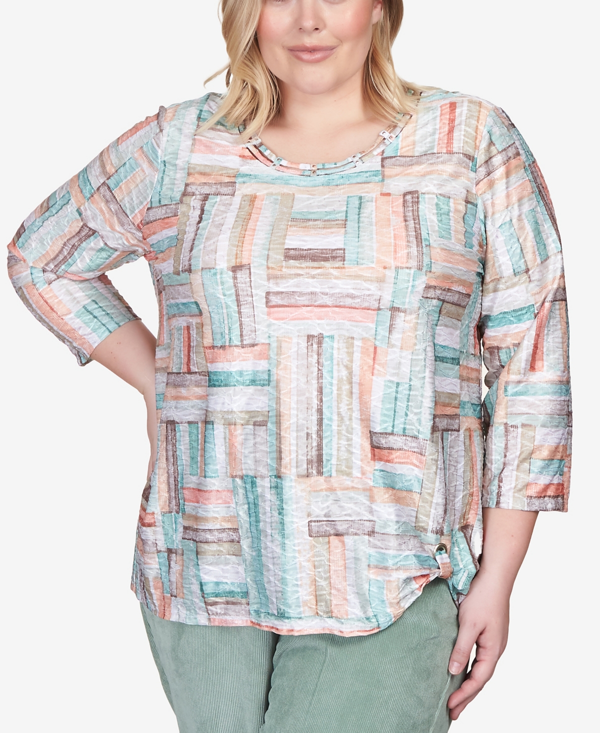 Alfred Dunner Plus Size St.moritz Texture Stripe Patchwork Side Grommet Top In Multi