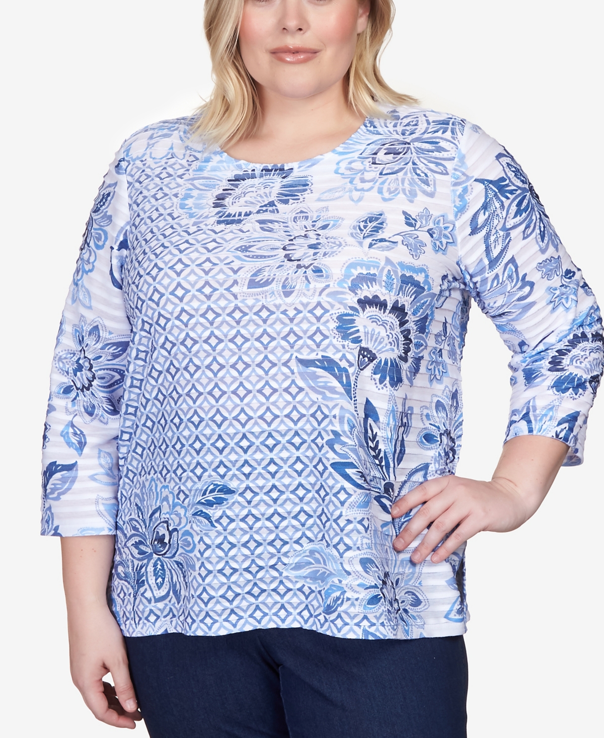 Alfred Dunner Plus Size Fields Geo Floral Printed Ruffle Top In Blue