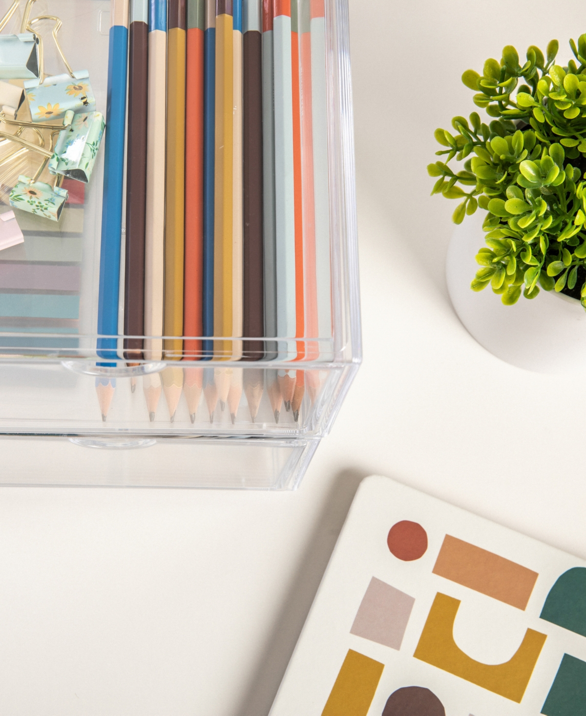 Martha Stewart Brody 2 Pack Plastic Stackable Office Desktop Organizer Boxes with Drawer,