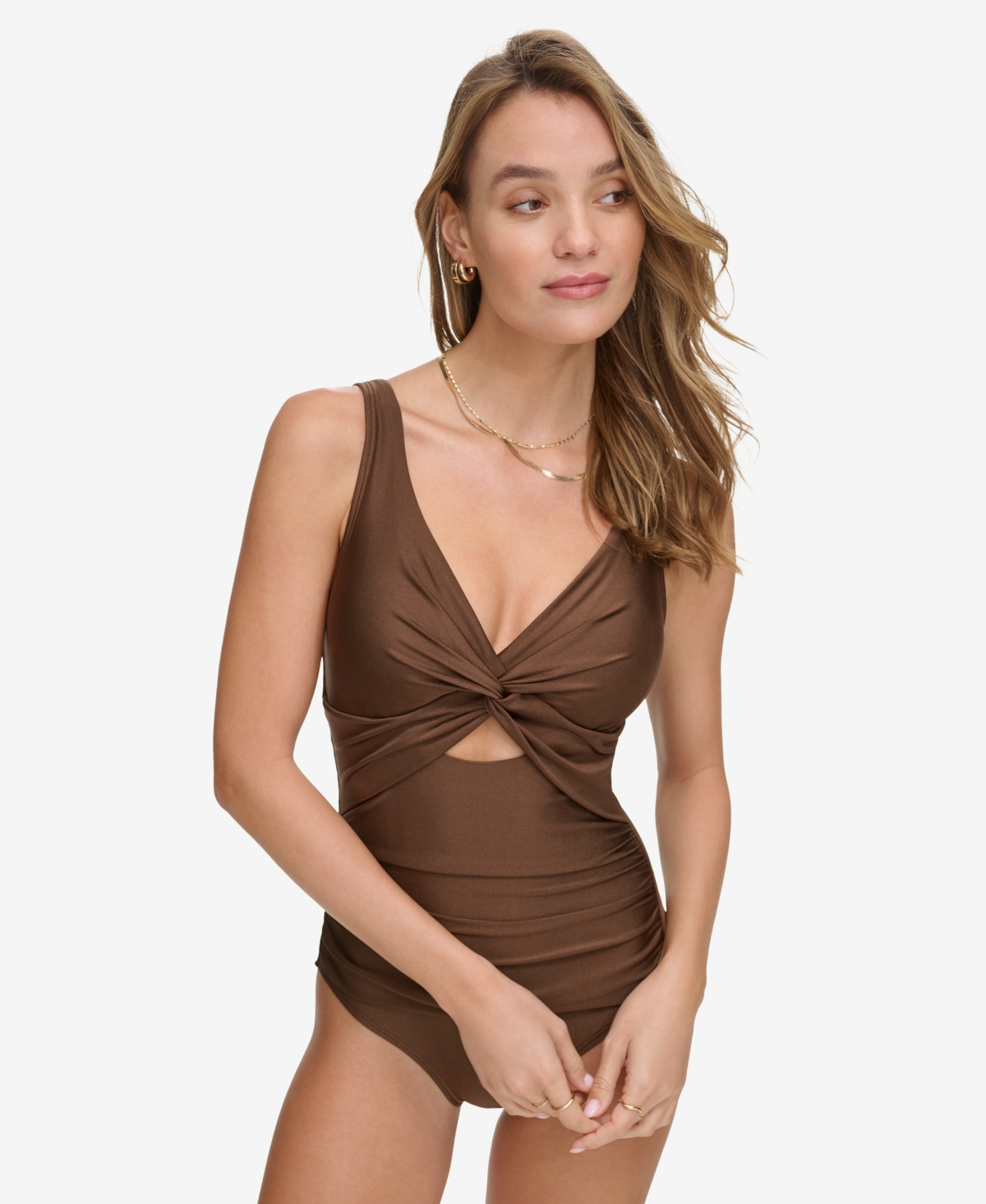 Women's Shirred Keyhole Detail One-Piece Swimsuit - Mocha Shimmer