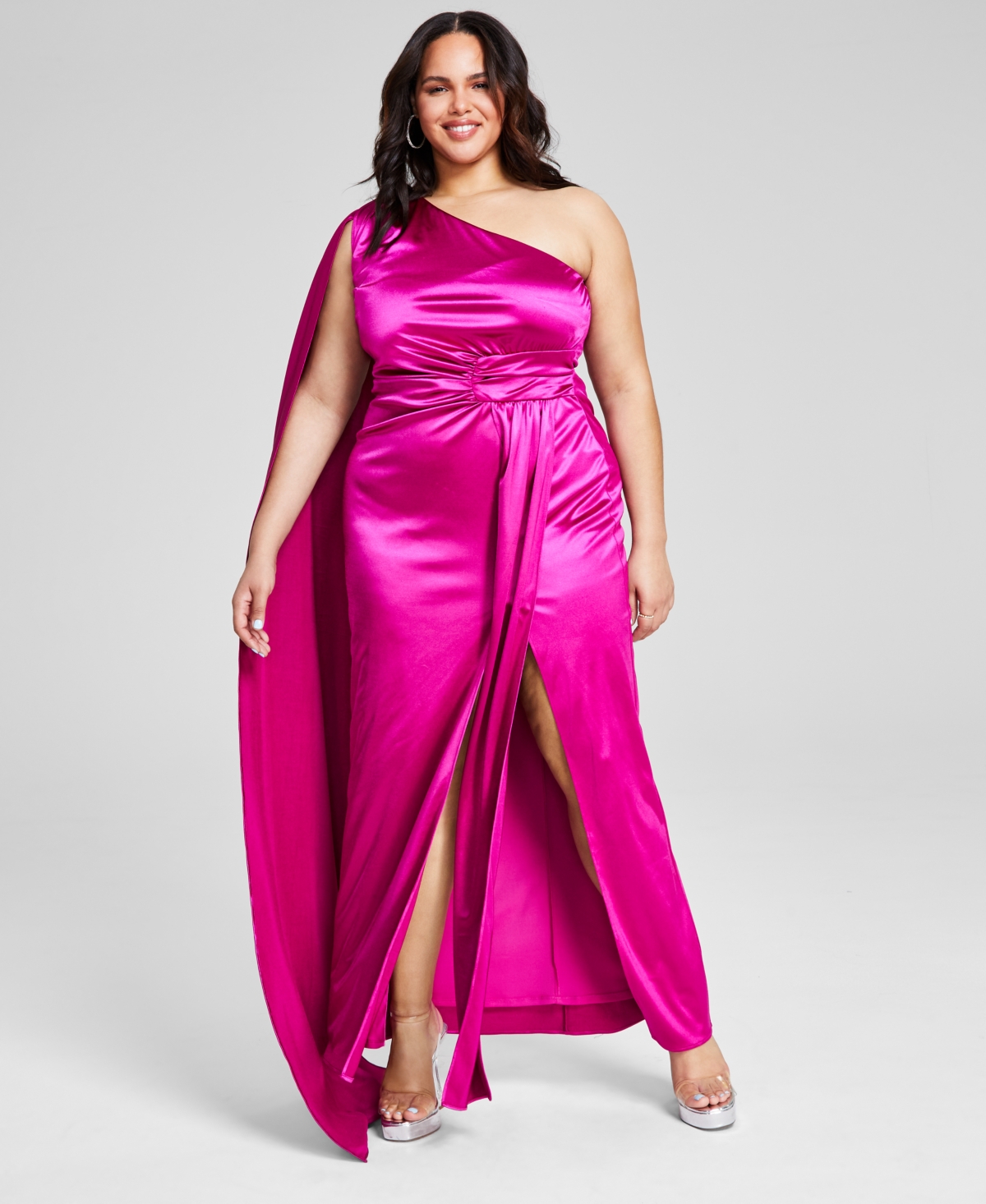 City Studios Trendy Plus Size Flyaway-cape Satin Gown, Created For Macy's In Deep Orchid