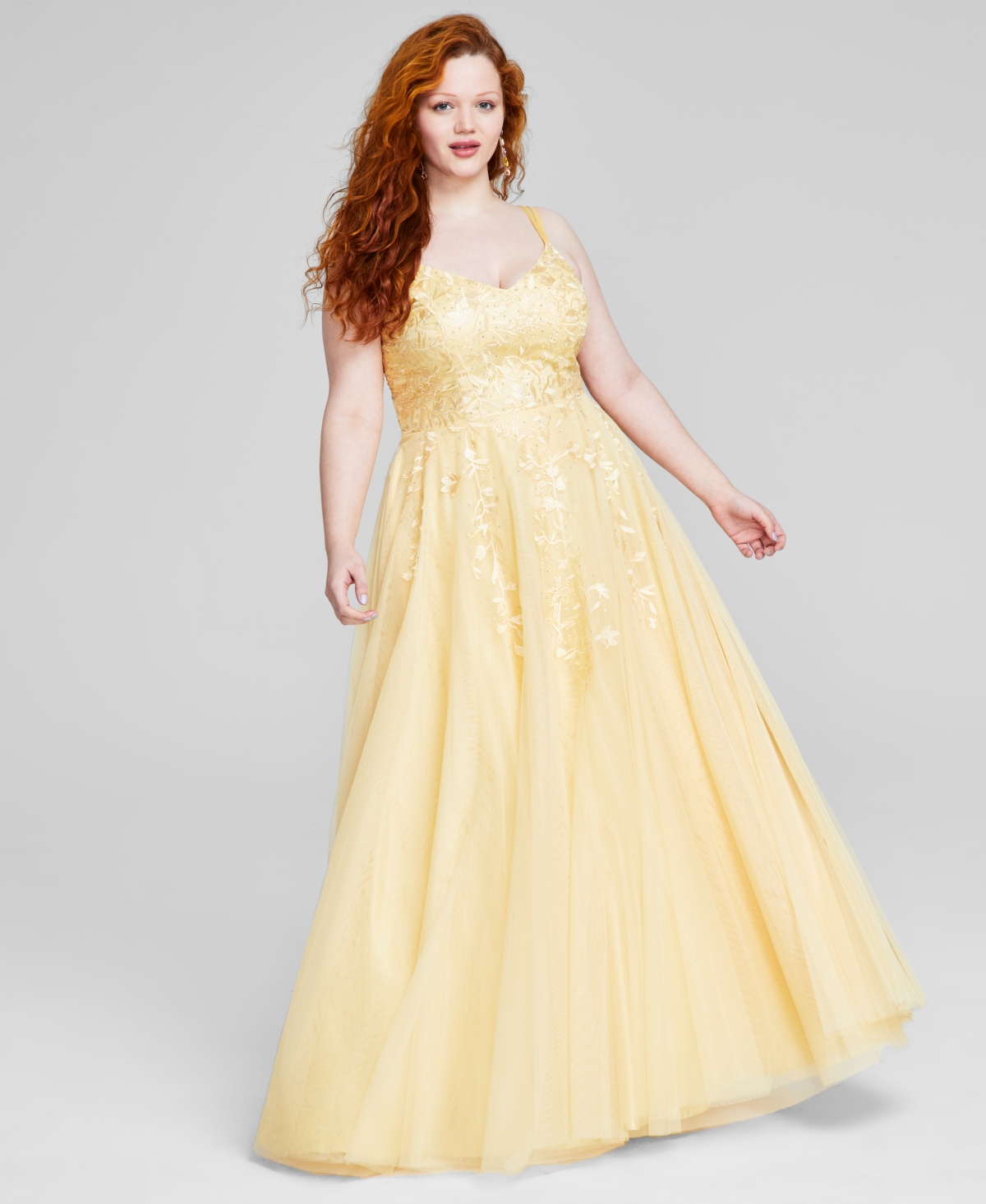 Trendy Plus Size Strappy Sequin Floral-Embroidery Ball Gown, Created for Macy's - Lemon