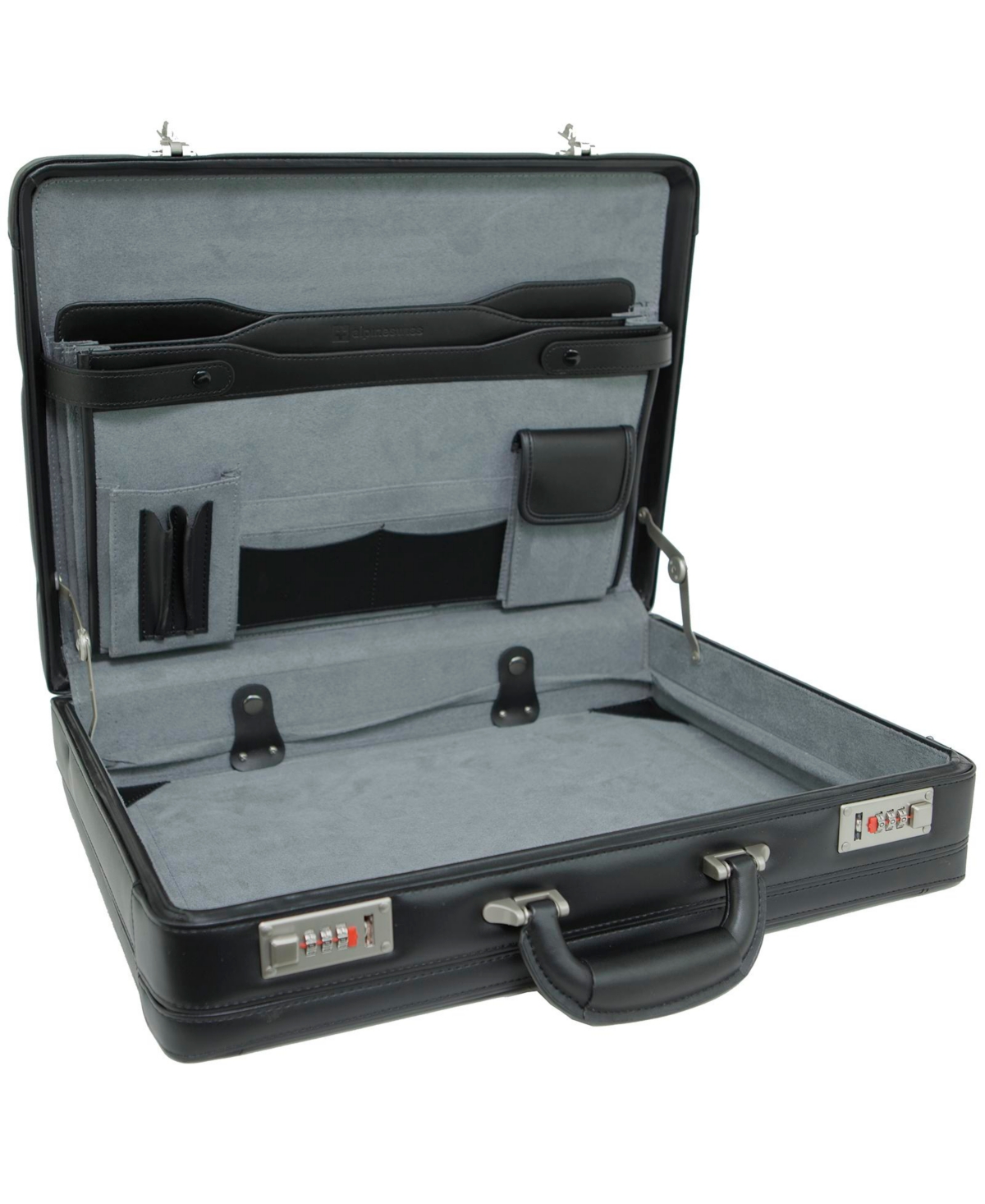 Expandable Leather Attache Briefcase Combination Locks Hard Case - Black