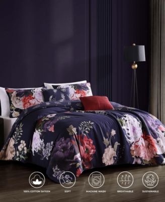 Deep Purple Garden Bedding  200 Thread Count 100% Cotton Sateen 5 Piece Queen Size Reversible Comforter Set