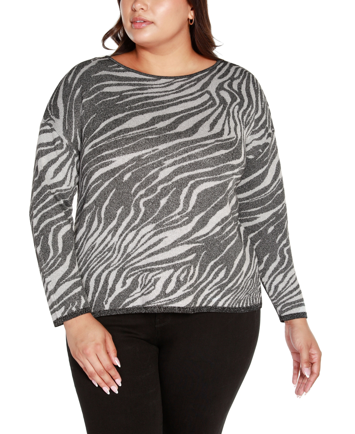 Belldini Black Label Plus Size Shiny Zebra Jacquard Long Sleeve Sweater In Silver Combo