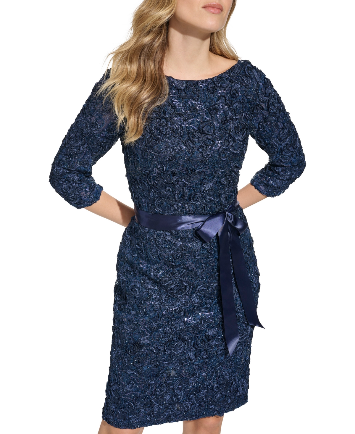Shop Jessica Howard Women's Boat-neck Sequin Lace Sheath Dress In Navy