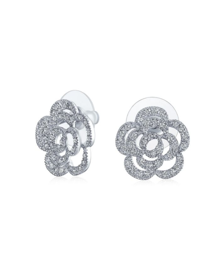Bling Jewelry Pave CZ Accent Open Floral Love Flower Stud Earrings For