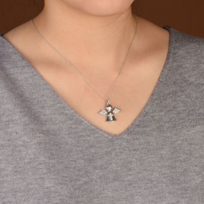 Tiny Petite CZ Accent Religious Cross Protection Guardian Angel Pendant Necklace Rose Gold Plated Sterling Silver