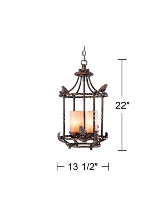 Song Birds 13.5" Bronze Pendant Chandelier, Rustic Cage Design with Scavo Glass, 4-Light Fixture for Dining Room, Kitchen & Foyer