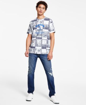 Mens City Postcard Graphic T Shirt Slim Tapered Fit Destroyed Jeans