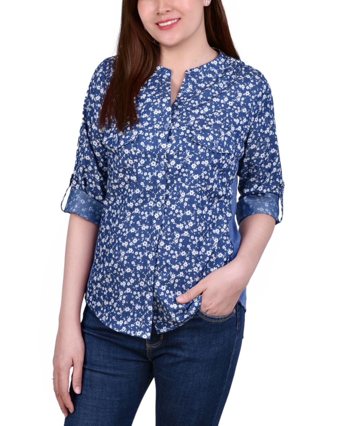 Petite 3/4 Sleeve Roll Tab Chambray Blouse - Ditsy Floral