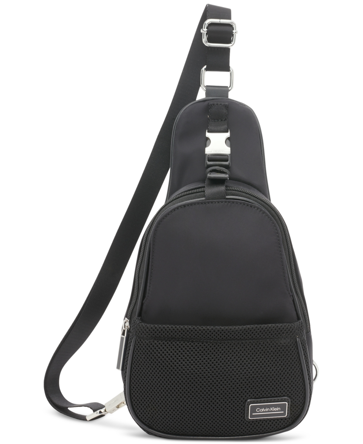 Calvin Klein Jessie Nylon Front Buckle Sling With Mesh Pocket In Black,silver
