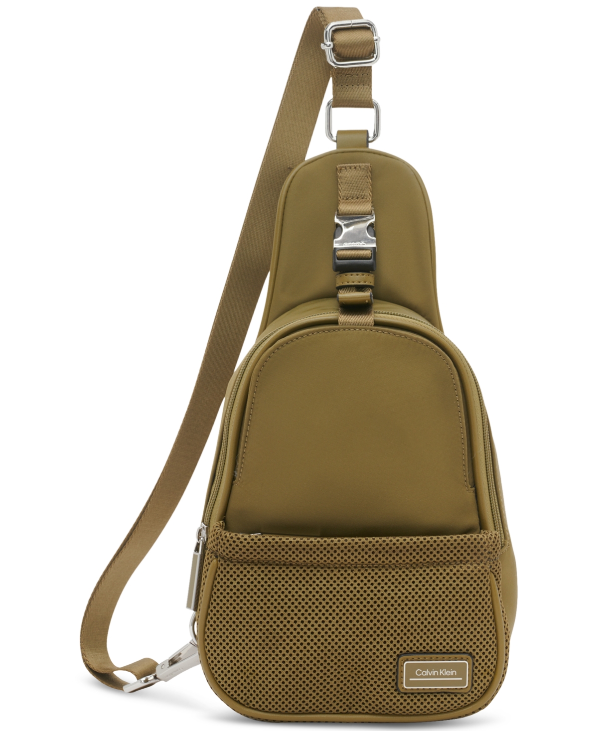 Calvin Klein Jessie Nylon Front Buckle Sling With Mesh Pocket In Olive Branch