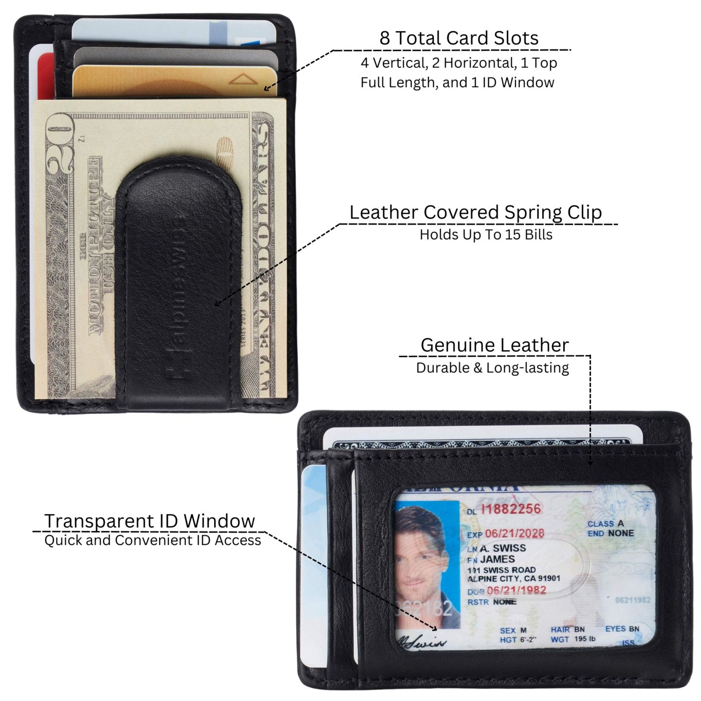 Мужской кошелёк Alpine Swiss RFID Money Clip Leather Minimalist Wallet Card Case ID Window, цвет: Чёрный, вариант 1 — фото 3