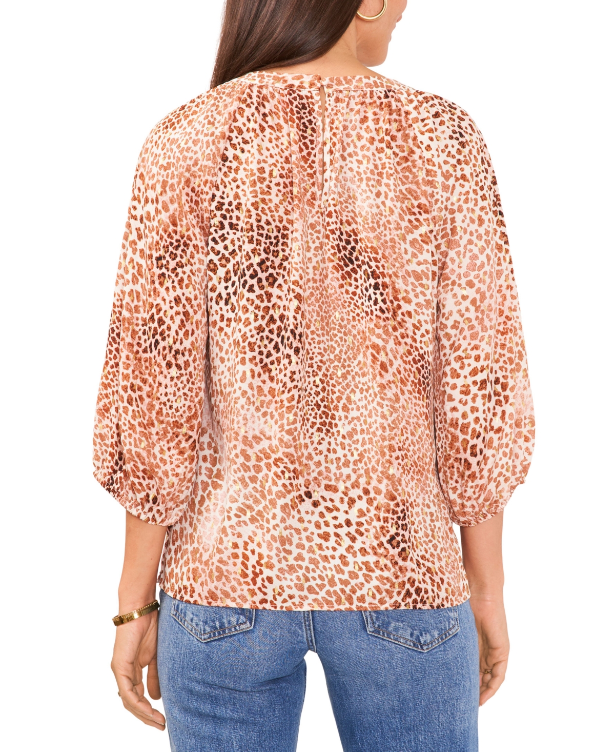Shop Vince Camuto Women's Metallic Animal Print Keyhole Peasant Blouse In Natural Taupe