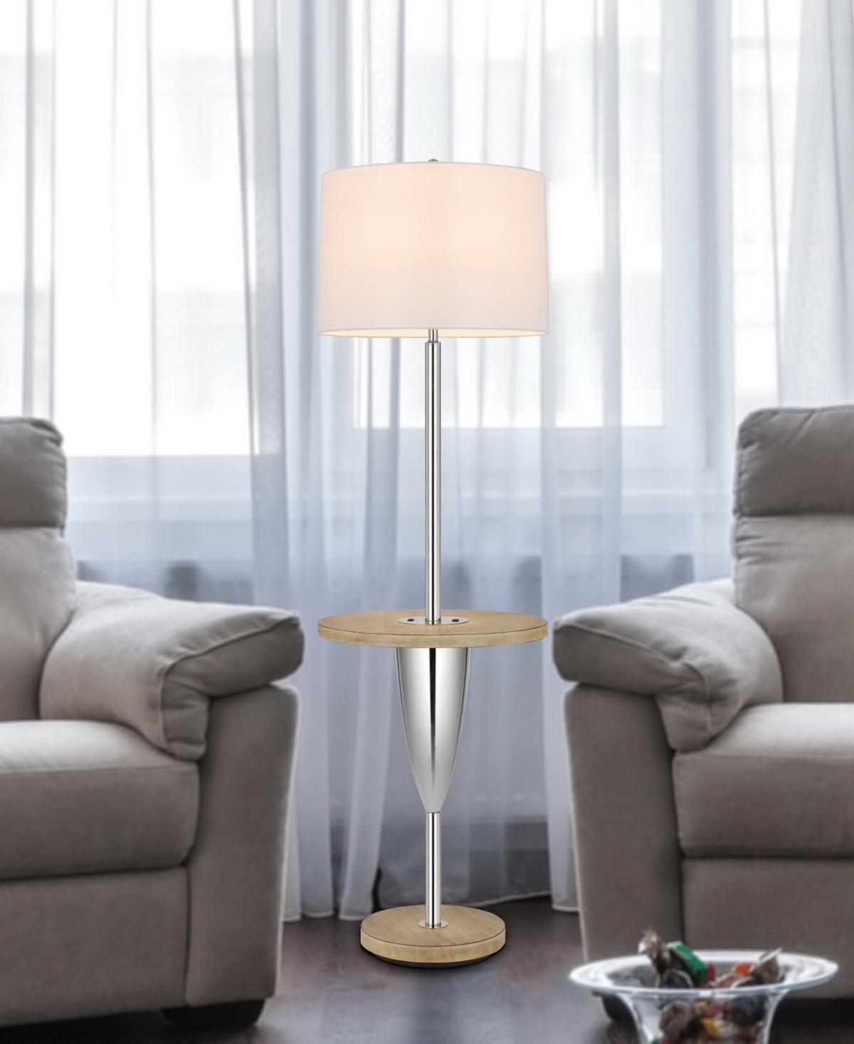 Cal Lighting 61" Height Metal Floor Lamp With Wooden Tray Table In Chrome,wood