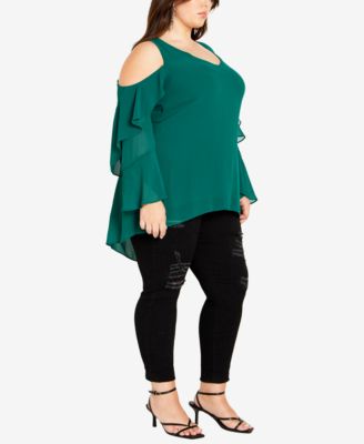 Plus Size Hi Lo Cold Shoulder Long Sleeve Top