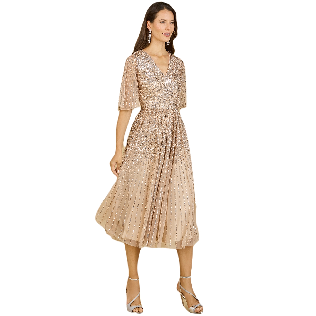 Women's Flowing, Sequin Midi Dress with Short Sleeves - Periwinkle