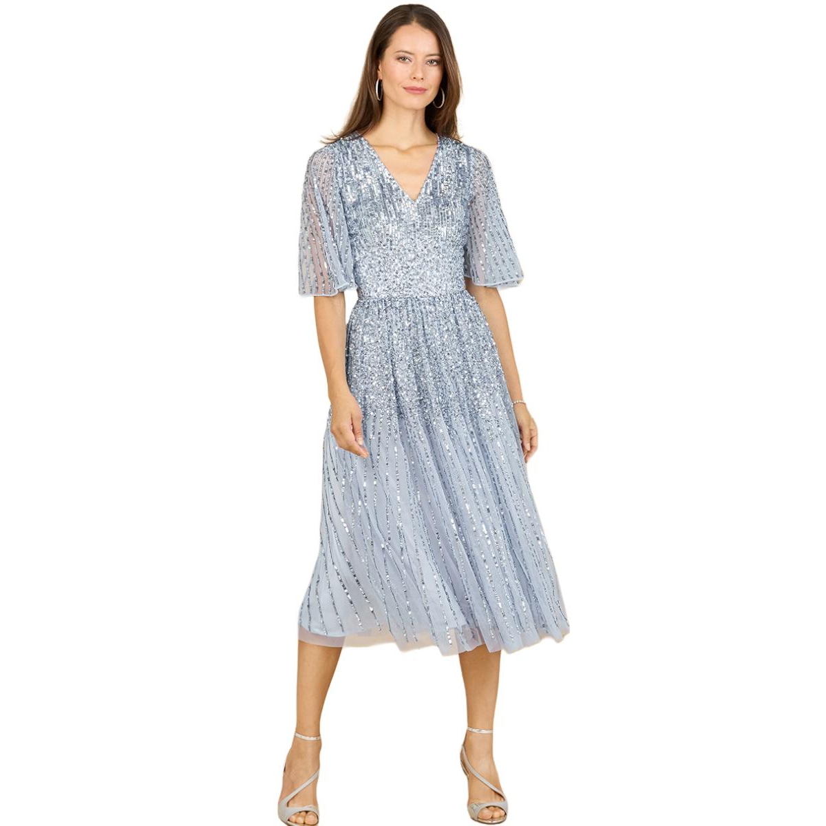 Women's Flowing, Sequin Midi Dress with Short Sleeves - Periwinkle