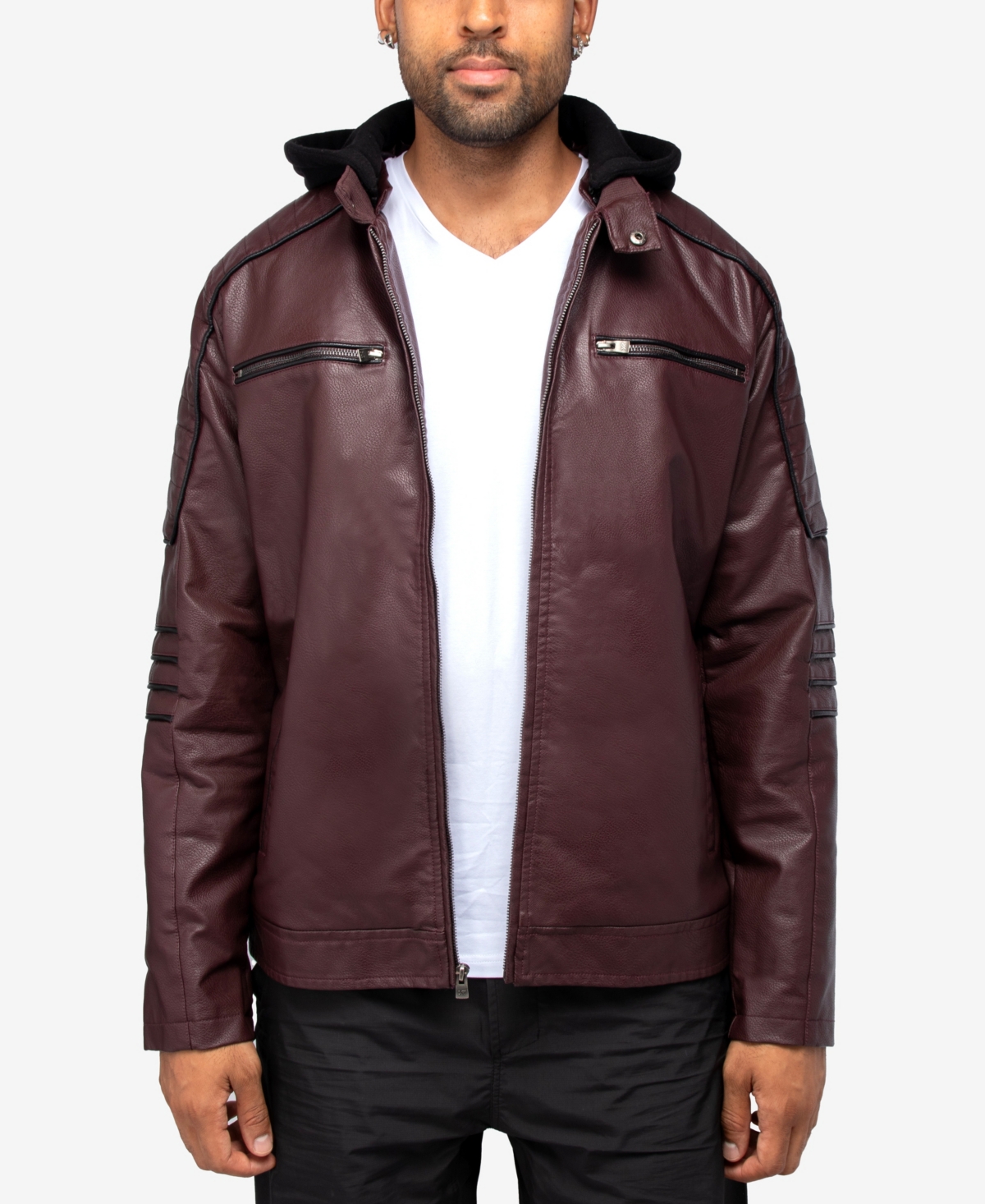 Shop X-ray Men's Grainy Polyurethane Moto Jacket With Hood And Faux Shearling Lining In Burgundy,black