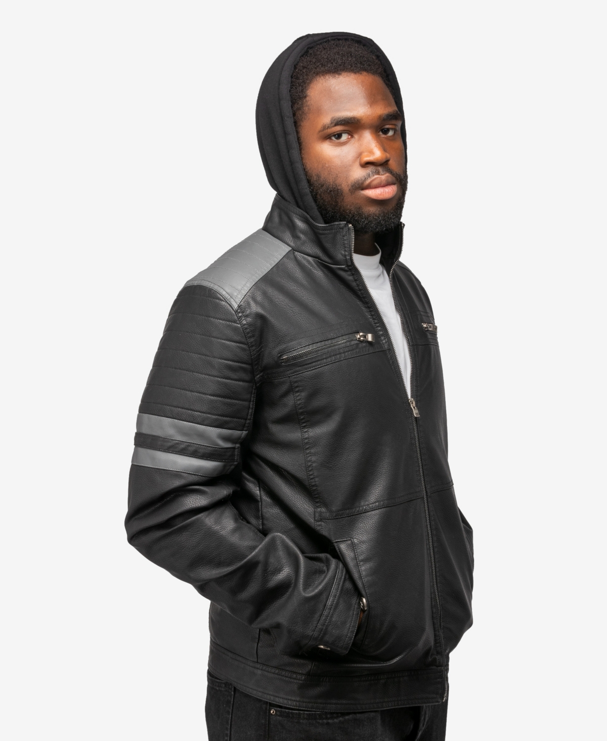 X-Ray Men's Grainy Polyurethane Leather Hooded Jacket with Faux Shearling Lining - Gray